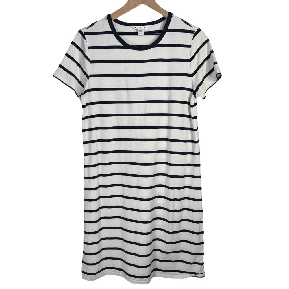 Athleta Womens Striped T-Shirt Dress Navy Blue White Short Sleeve Crew Neck M